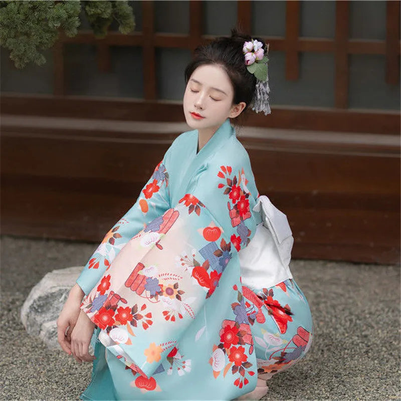 sitted woman wearing womens japanese kimono robe