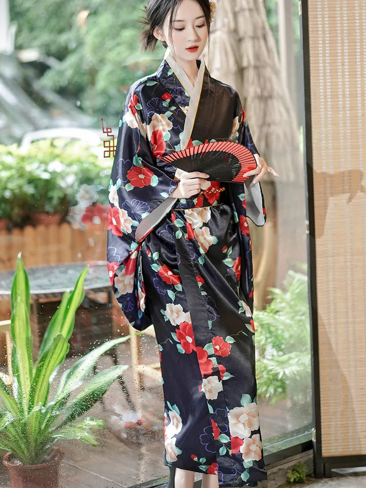 black floral traditional kimono robe