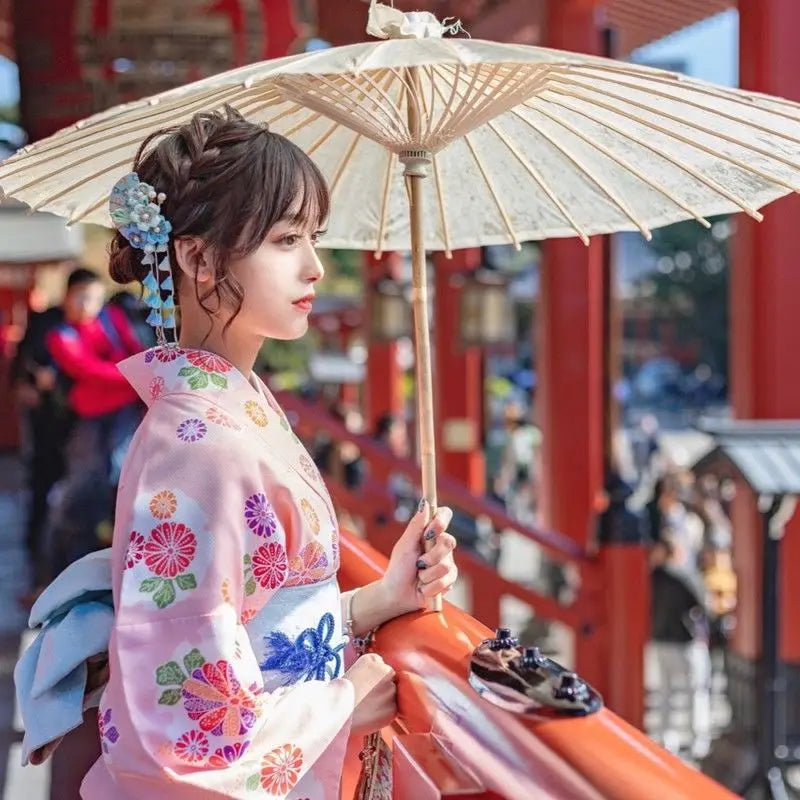 woman with a japanese pink kimono