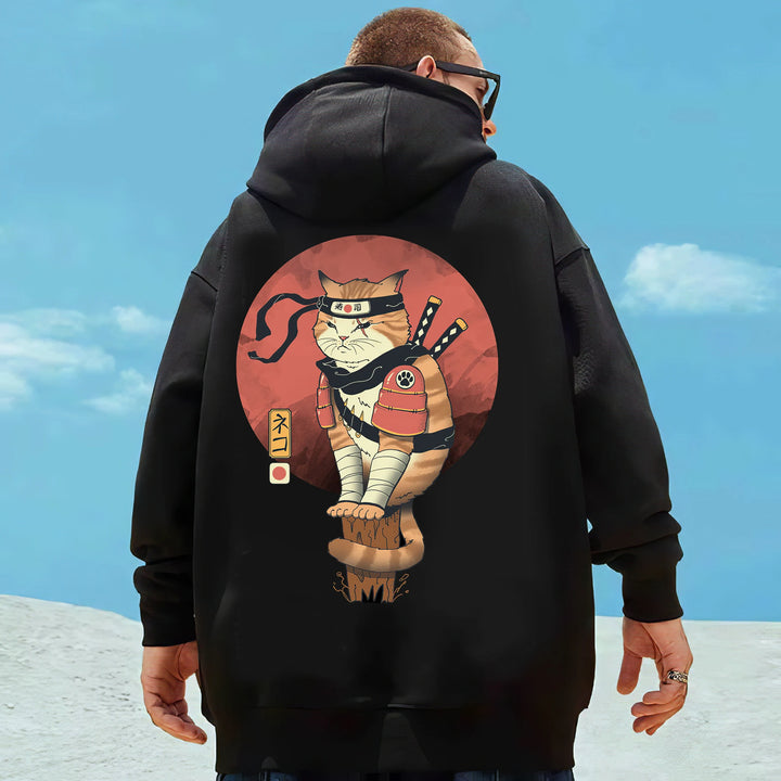 details of a samurai cat hoodie