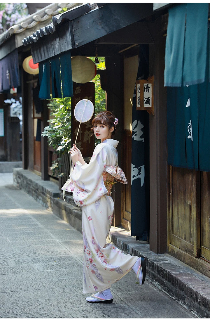 details of white floral kimono robe