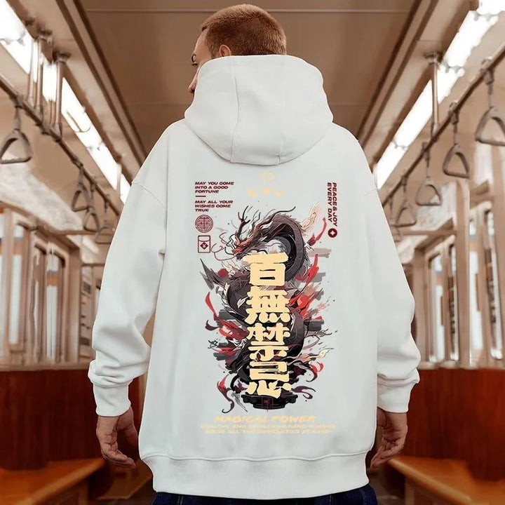 man wearing white japan dragon hoodie