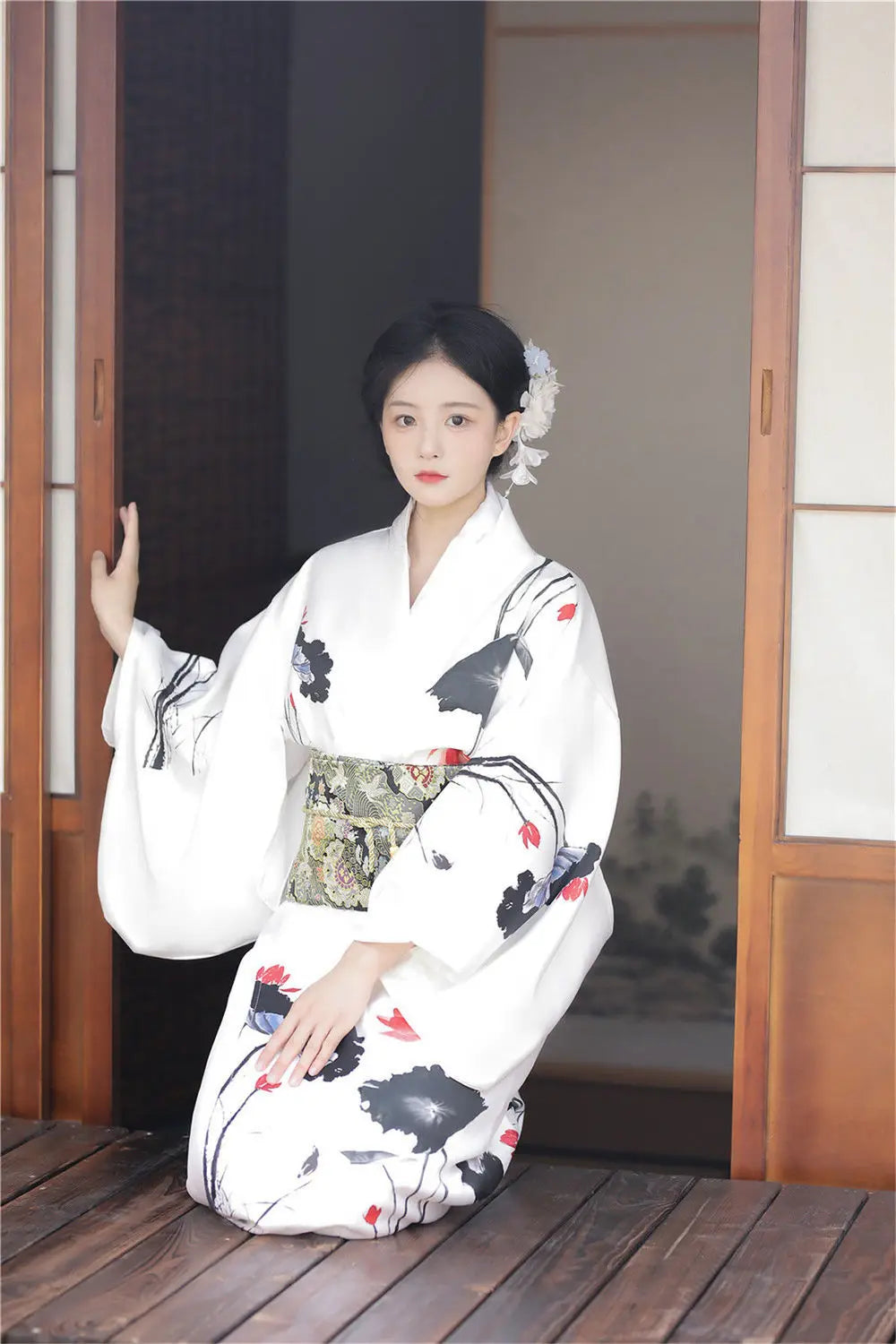 thinking japanese woman with black and white kimono