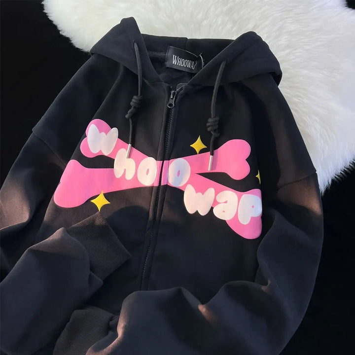 details of black kawaii zip up hoodie