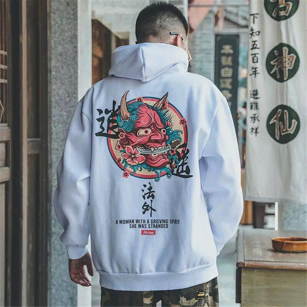 man wearing white oni hoodie