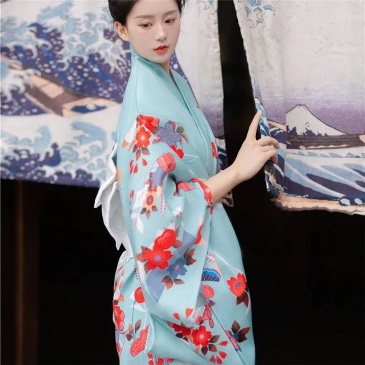 thinking girl wearing a womens japanese kimono robe