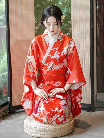 woman wearing red floral kimono robe