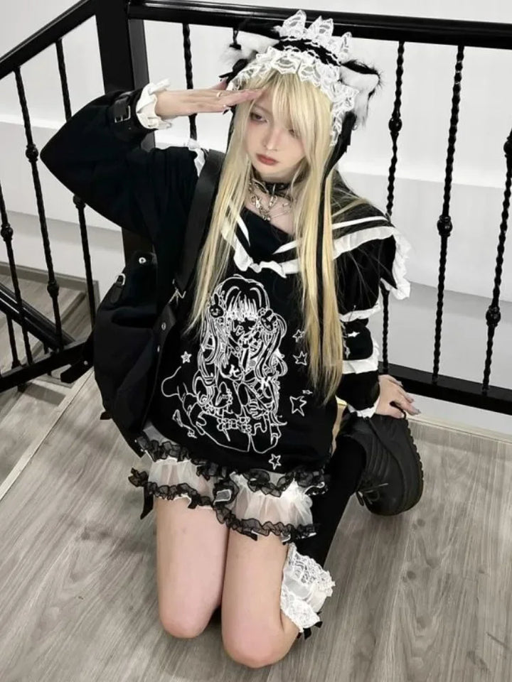 sitted japanese woman wearing gothic hoodie for womens