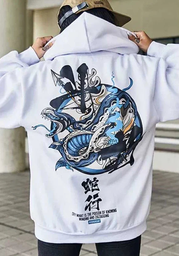 details of a white hoodie with dragon