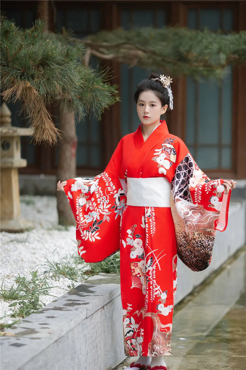 woman wearing kimono robe red