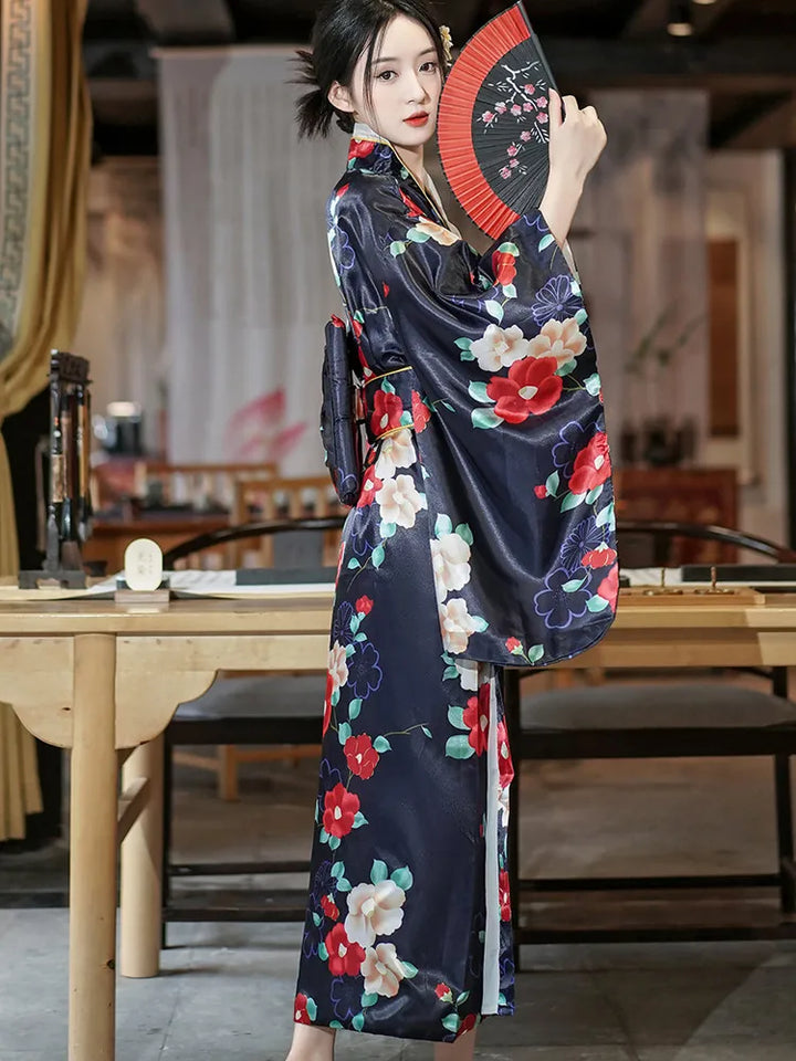 woman wearing black floral kimono robe