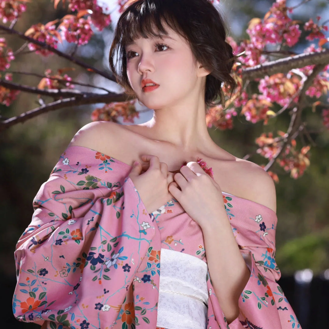 shy woman with a women's kimono robe