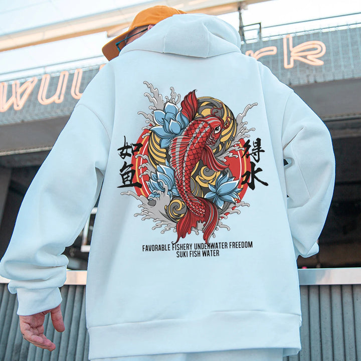 man wearing white koi fish hoodie