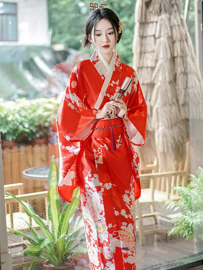 red floral traditional kimono robe