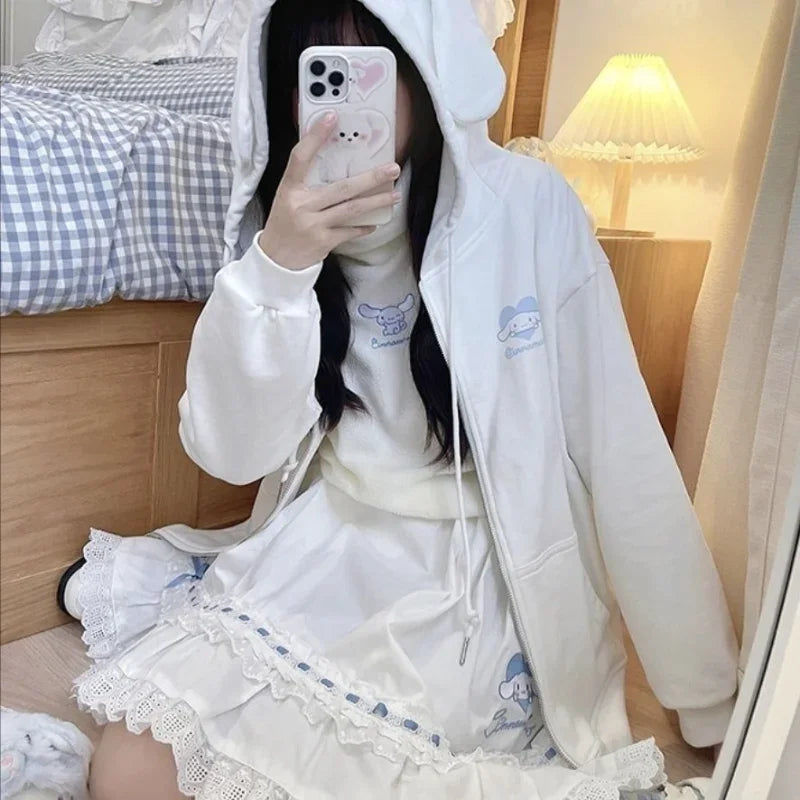 woman wearing white kuromi zip up hoodie