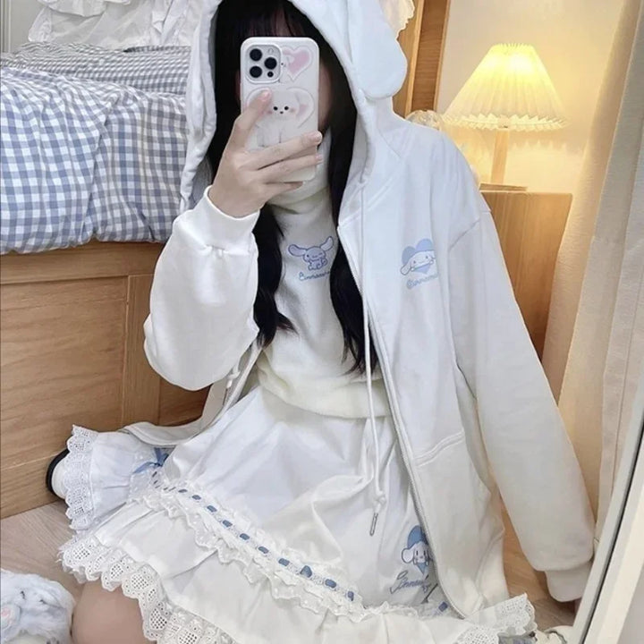 woman wearing white kuromi zip up hoodie