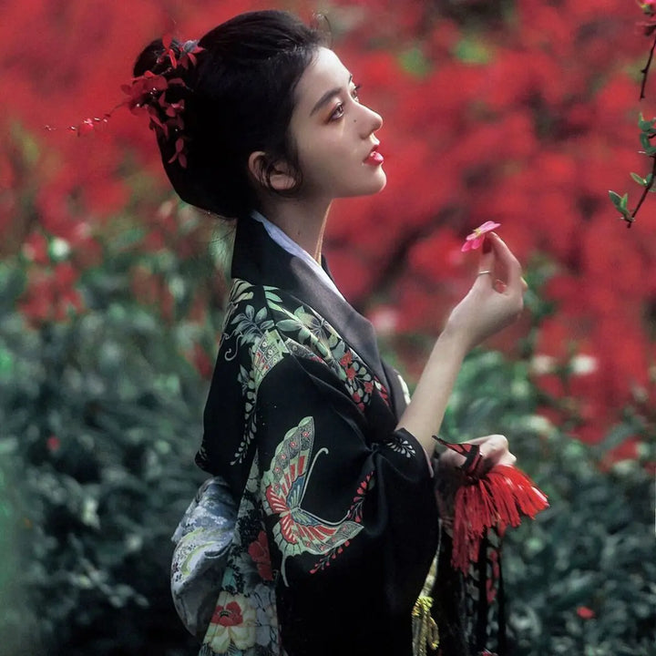 shy woman with a black kimono robe