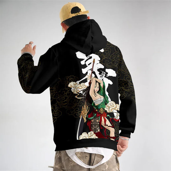 back of  black japanese hoodie