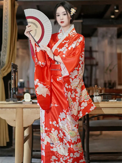 red satin silk floral kimono robe