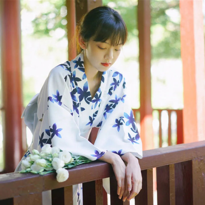 japanese woman with a japanese blue and white kimono