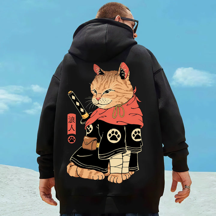 man wearing samurai cat hoodie