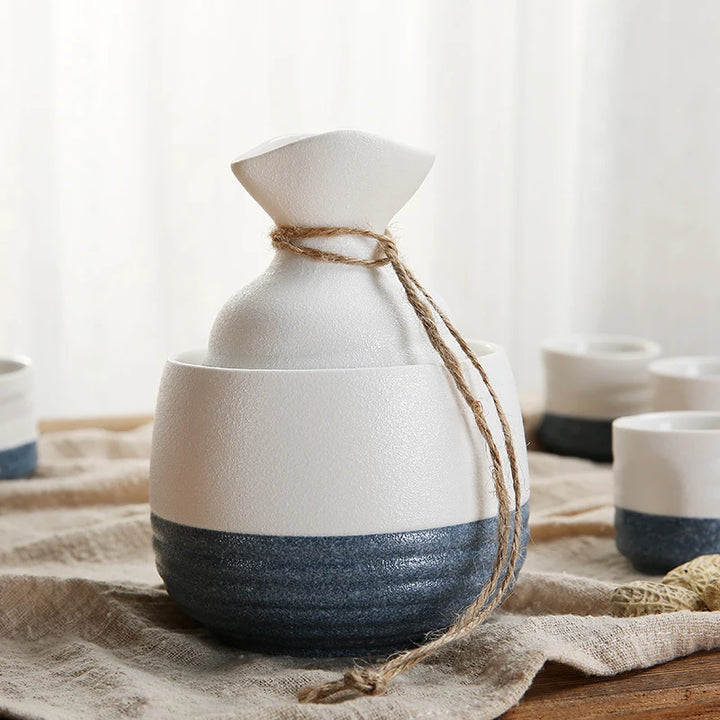 bottles of a authentic japanese sake set with warmer