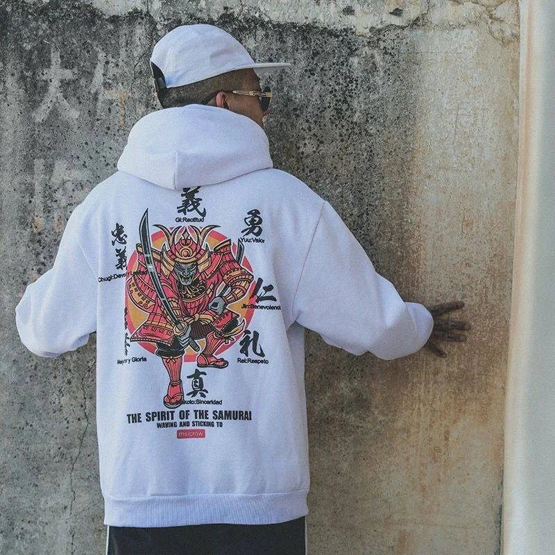 man wearing white samurai hoodie