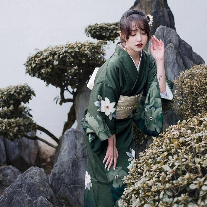 japanese girl with green kimono dress