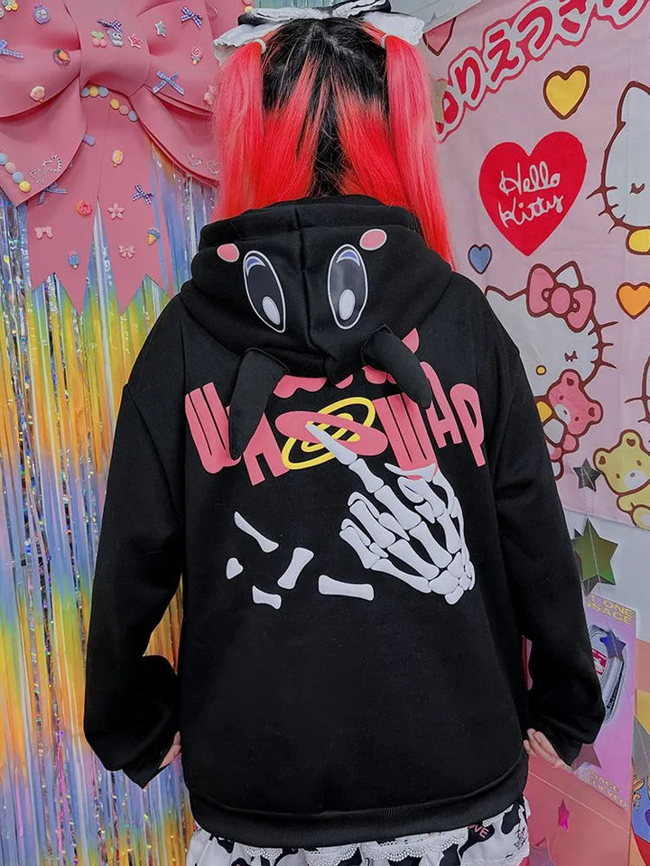 back of black kawaii zip up hoodie