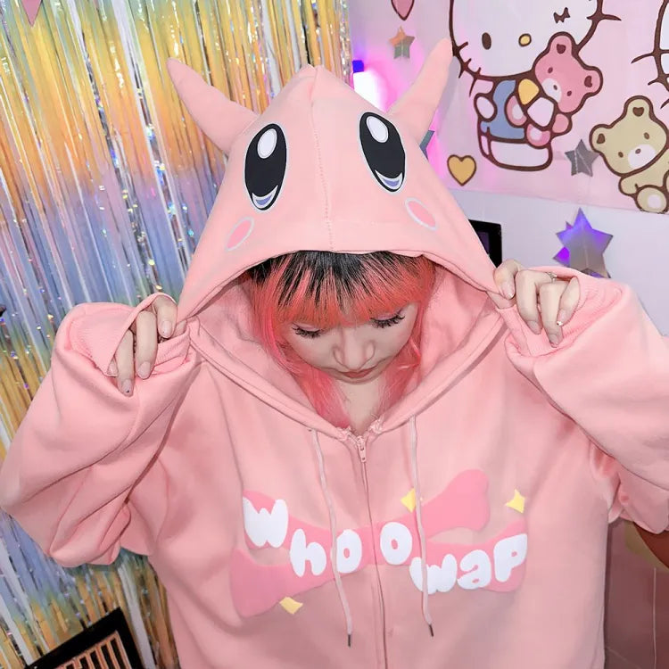 shy woman with pink kawaii zip up hoodie