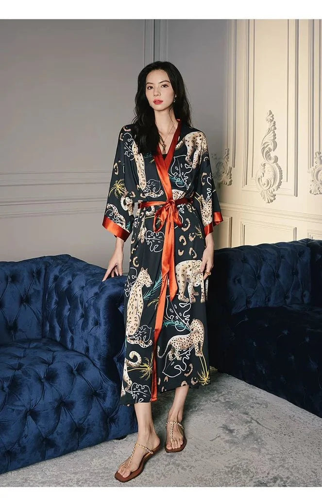 woman dressing a japanese silk bathrobe