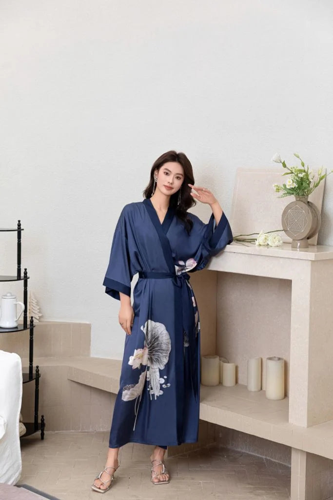 japanese woman wearing vintage japanese silk pajama