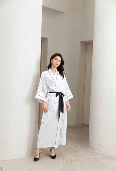 white japanese silk dressing gown