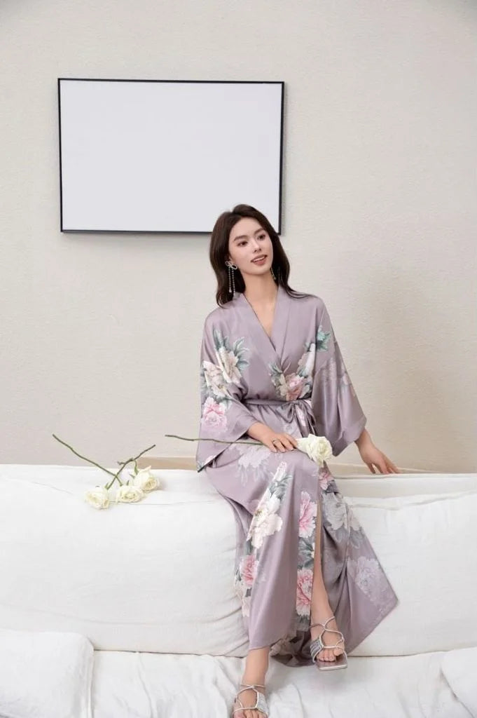 happy woman sitted and wearing a japanese winter pajamas