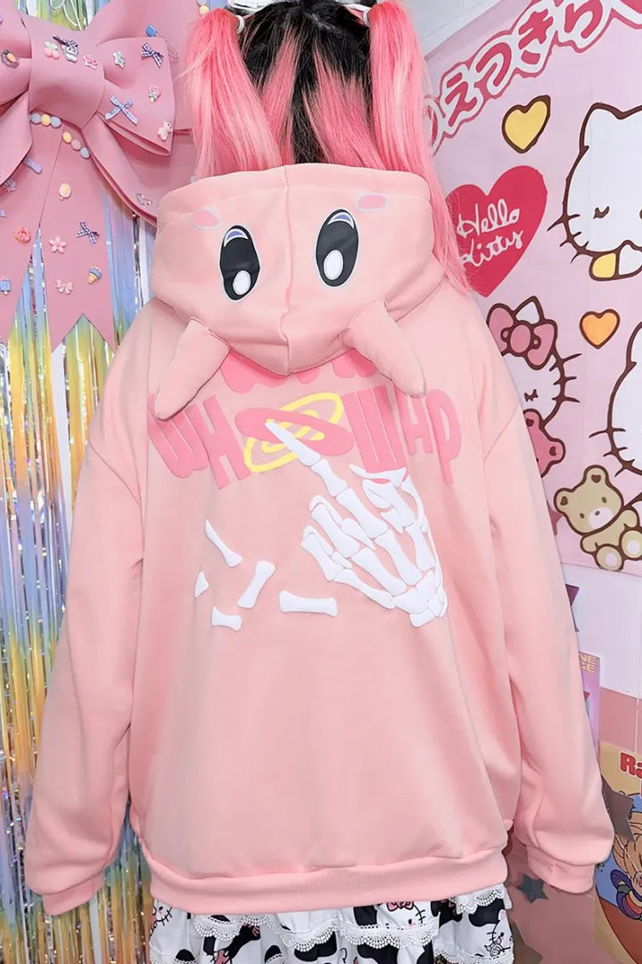 back of pink kawaii zip up hoodie